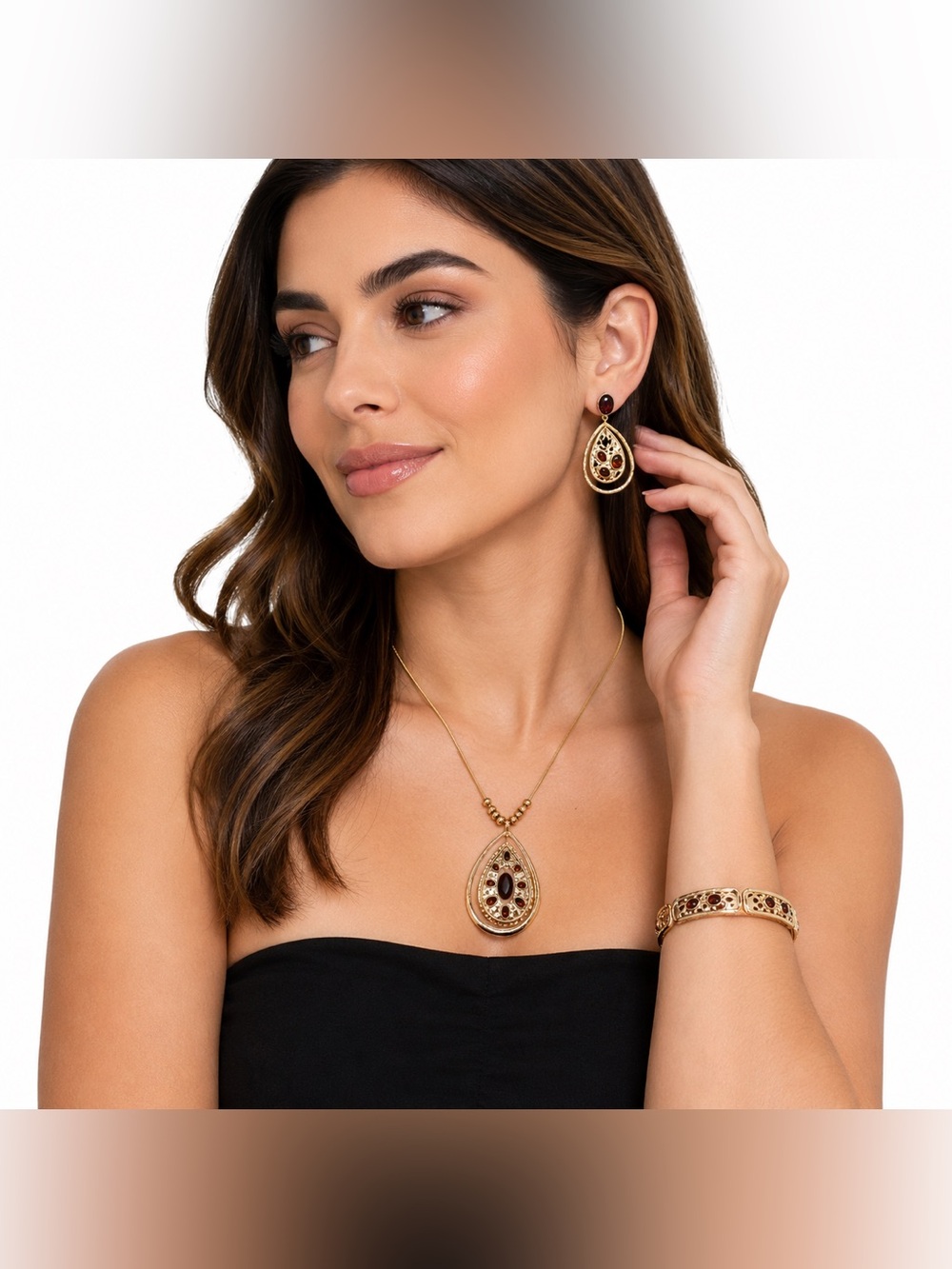 Dana Buchman Gold Tone Teardrop Necklace Earrings & Bangle Jewelry Set